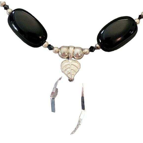 Sterling Silver Black Onyx Clear Geometrical Crystal Pendant Necklace E872 - Picture 11 of 16